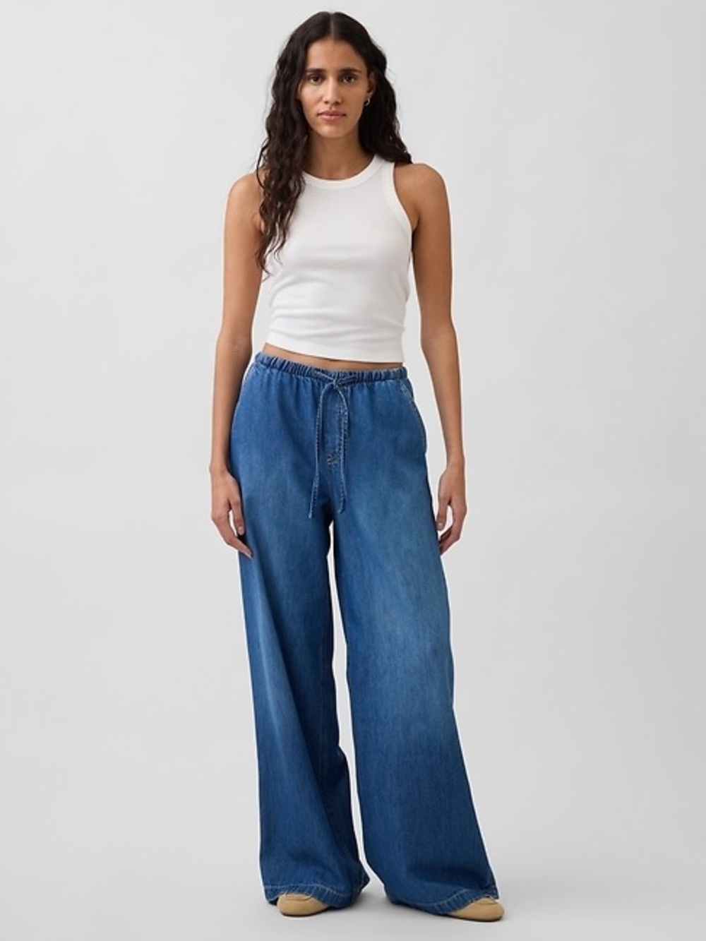 GAP Wide Leg Drawstring Denim Pants in Blue